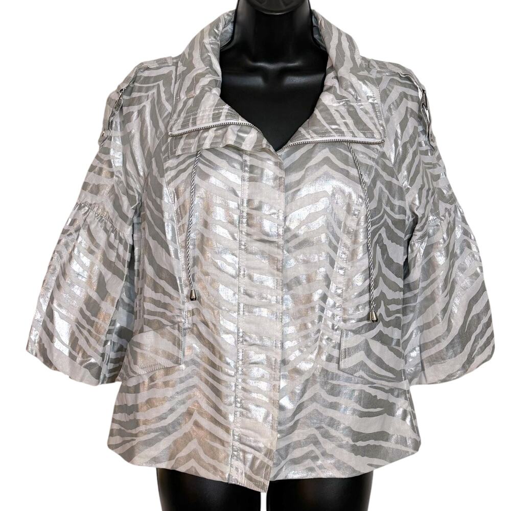 Vtg Berek M Metallic Silver Zebra Stripe Linen Jacket Funky Cyber Y2K 90s Coat